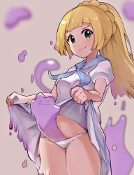 blonde_hair disguise ditto ditto_(pokémon) ditto_copied_person green_eyes harukan lillie_(pokemon) long_hair looking_at_viewer pokemon pokemon_(species) pokemon_sm pokemon_usm ponytail shapeshifter simple_background skirt_lift skirt_up slime slime_girl smile smiling smiling_at_viewer smirk smirking smirking_at_viewer smug smug_expression smug_face smug_grin smug_smile transformation weird_penis white_dress white_panties