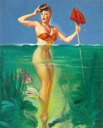 1950s 1952 1girls 20th_century 50s bikini bottomless breasts brown_&_bigelow female female_only fish fishing gil_elvgren goggles lipstick looking_at_viewer painting_(artwork) pinup pinup_girl small_breasts solo spear straight_hair swimsuit thighs traditional_media_(artwork) trident vintage water wet_skin