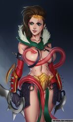 1girls big_breasts breasts breasts_out brown_hair draven female female_focus female_only green_eyes league_of_legends radsquid riot_games rule_63 solo solo_female solo_focus tentacle