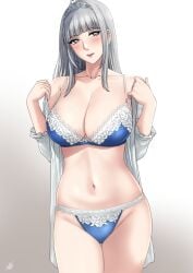 blue_bra blue_eyes blue_panties blush bra breasts classy_female cleavage female highres large_breasts long_hair looking_at_viewer mature_female milf mylene_rapha_holfort otome_game_sekai_wa_mob_ni_kibishii_sekai_desu panties queen royal royalty silver_hair smile solo tiara underwear underwear_only xtermination