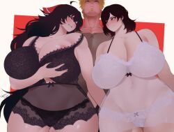 1boy 2girls black_hair black_lingerie blonde_hair curvaceous_figure curvy curvy_female curvy_figure fat female grabbing_own_breast hair_ornament hair_ribbon male multiple_girls nachocobana raven_branwen red_eyes red_hair rwby silver_eyes summer_rose taiyang_xiao_long white_lingerie