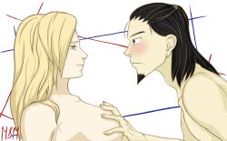 1boy1girl alternate_hairstyle beard black_eyes black_hair blonde_hair boruto:_naruto_next_generations canon_couple couple duo duo_focus eye_contact face_to_face facial_hair female goatee green_eyes hair_down hand_on_breast husband_and_wife long_hair looking_at_another looking_at_each_other looking_at_partner loose_hair m&m male male/female married married_couple naked nara_shikamaru naruto naruto_(series) temari tied_hair touching_breast upper_body
