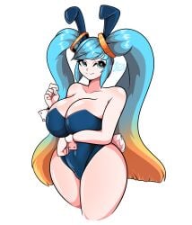 bare_legs bbumbbum big_breasts blue_eyes blue_hair bunny_ears bunny_outfit heart heart-shaped_pupils league_of_legends plump riot_games sona_buvelle thick_thighs twintails two_tone_hair