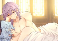 2d_(artwork) 2girls blue_hair ganyu_(genshin_impact) genshin_impact half-dressed indoors keqing_(genshin_impact) light-skinned_female light_skin lying lying_on_bed morning multiple_girls purple_hair tapeanna wholesome yuri