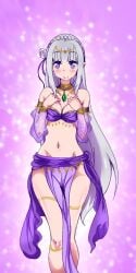 arabian arabian_clothes bare_shoulders belly_dancer belly_dancer_outfit blush elf elf_ears elf_female emilia_(re:zero) female hair_flower hair_ornament half-elf harem_girl harem_outfit pointy_ears purple_eyes re:zero_kara_hajimeru_isekai_seikatsu silver_hair smile tatigami translucent_clothing very_long_hair