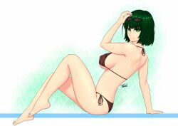 ass big_breast bikini bob_cut breast covered_nipples eyewear_on_head feet fubuki_(one-punch_man) full_body green_eyes green_hair legs light-skinned_female light_skin looking_at_viewer lying medium_hair midriff nipple_bulge one-punch_man short_hair side_view sideboob sitting slim slim_waist smile smiling_at_viewer smirk sunglasses sunglasses_on_head thighs thin_waist toes tsuki_riven white_background