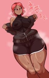 alternate_version_at_source alternate_version_available bbumbbum dark-skinned_female dark_skin heart-shaped_pupils korean_text muscular_female open_shirt original red_eyes red_hair short_hair short_shorts sweat sweater thick_thighs