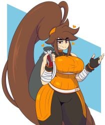 1girls bandage bandaged_arm bandages big_breasts breasts brown_hair chubby clothing dewwydarts dewwydartz dungeon_and_fighter eyebrows_visible_through_hair female female_focus female_only gloves heart large_breasts orange_eyes ponytail slightly_chubby striker_(dungeon_and_fighter) thick_thighs very_long_hair wide_hips