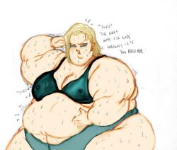 1girls alphatango android_18 bbw belly big_belly big_breasts bra breasts colored dowhatnow dragon_ball dragon_ball_z fat female morbidly_obese nipples_visible_through_clothing obese overweight panties solo_female ssbbw sweat