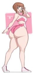 1girls ass big_ass big_breasts blush breasts brown_eyes brown_hair eye_contact fat_ass female huge_ass looking_at_viewer my_hero_academia ochako_uraraka onaeane peace_sign short_hair sideboob solo standing thick_thighs