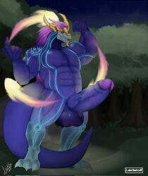 1boy 3_toes 5_fingers anthro aurelion_sol balls big_balls big_muscles big_penis blue_body detailed_background digitigrade dragon erection feet fingers flexing genitals hair headgear headgear_only hi_res humanoid_genitalia humanoid_penis league_of_legends long_hair luisdawolf male male_only markings muscular muscular_male penis presenting presenting_penis purple_hair riot_games solo toes video_games