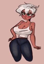 1girls annoyed breasts cleavage dark-skinned_female dark_skin female female_focus green_eyes hand_on_hip hourglass_figure jeans large_breasts ohthesunnyside overflowing_breasts plump_lips short_hair solo solo_female tank_top thick_thighs thighs white_hair