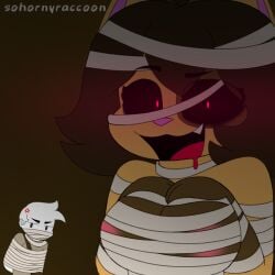 angry anon atsuki_(sohornyraccoon) black_eyes breasts brown_hair close-up hands_on_breasts hungry looking_at_viewer mummy mummy_costume mummy_wrappings orange_fur pink_pupils raccoon showing_breasts sohornyraccoon tagme wrapped