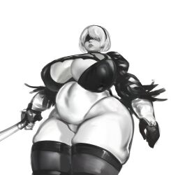 1girls backstreetcrab bbw belly big_belly big_breasts blindfold breasts breasts_bigger_than_head chubby clothing fat female female_only hairband huge_belly huge_breasts hyper hyper_breasts monochrome nier nier:_automata overweight overweight_female short_hair thick thick_thighs thighhighs white_background white_hair yorha_2b