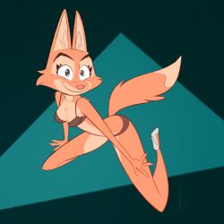 1:1 2022 anthro birchly bra canid canine clothing diane_foxington dreamworks eyebrow_piercing facial_piercing female fox fur green_eyes hi_res high_heels kneeling mammal orange_body orange_fur panties piercing smile solo the_bad_guys underwear