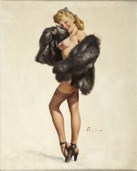 1940s 1947 1girls 20th_century 40s blonde_hair bra breasts brown_&_bigelow earrings female female_only fur fur_coat garter_straps gil_elvgren high_heels lingerie lipstick looking_at_viewer nipple_bulge painting_(artwork) pinup pinup_girl side_view smile solo stockings straight_hair thighhighs traditional_media_(artwork) vintage