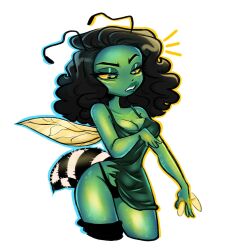 1girls abdomen antennae anthro ass bee black_hair black_stocking breasts cleavage disgusted dress exposed_panties female female_focus green_skin hourglass_figure insect_girl insect_wings insects lana_(ohthesunnyside) loose_dress ohthesunnyside plump_lips shaking_hand solo solo_female stinger stocking thick_thighs thighs thin_waist thong torn_clothing torn_dress white_background wide_hips yellow_eyes