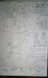 2boys 2girls anhikylator being_watched bon_(fnafhs) bonnie_(fnafhs) clothed_male comic femboy fnafhs heart inviting_to_sex joy_(fnafhs) meg_(fnafhs) no_color spanish_text text traditional_drawing_(artwork) traditional_media_(artwork) undressing undressing_self water