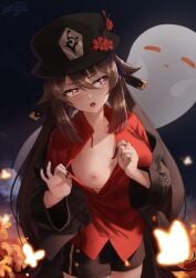 areolae breasts brown_hair chernyyvo flower_shaped_pupils genshin_impact ghost hat hu_tao_(genshin_impact) nipples one_breast_out red_eyes revealing_breasts shorts small_breasts thighs