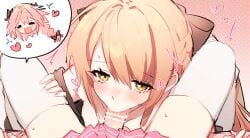 1boy 1girls astolfo_(fate) balls blush censor_bar censored clothing erection eyebrows_visible_through_hair fate_(series) fellatio female femboy femboy_on_female femboy_pov koyashaka legwear male male_pov oral original_character penis pov skirt straight sweat white_legwear