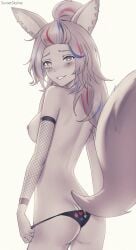 :d animal_ears artist_name ass ass_cleavage black_panties blush breasts butt_crack female fishnet_armwear forehead fox_ears fox_tail greyscale highres hololive hololive_gen_5 hololive_japan long_hair looking_at_viewer monochrome multicolored_hair naughty_face nipples omaru_polka open_mouth panties smile streaked_hair sunset_skyline tail topless underwear virtual_youtuber