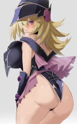 ass black_panties blonde_hair butt_crack duel_monster female female_only huge_breasts kataku_musou large_ass long_hair looking_at_viewer magi_magi_magician_gal off_shoulder panties pink_skirt purple_eyes shaded_face small_breasts solo_female thick_thighs thighs uncensored underwear wizard_hat yu-gi-oh! yu-gi-oh!_duel_monsters