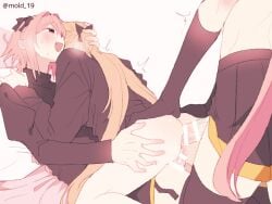 1girls 2boys astolfo_(fate) black_legwear blush clothing erection fate_(series) female female_penetrated femboy femboy_on_female femsub josou_seme koyashaka legwear male male_penetrating male_penetrating_female maledom open_mouth original_character penetration penis sex straight sweat topwear