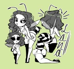 abdomen antennae anthro ass ass back bee bee_girl breasts chibi cleavage dress exposed_panties eyeshadow green_background heels hourglass_figure insect_girl insect_wings lana_(ohthesunnyside) long_hair long_legs loose_dress name_drop ohthesunnyside on_knees panties plump_lips reference_sheet sketch sketch_page standing stinger stocking thick_thighs thighs thin_waist torn_clothing torn_dress