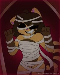 anthro atsuki_(sohornyraccoon) black_eyes brown_hair coffin egyptian furry hungry mummy mummy_costume mummy_wrappings orange_fur raccoon simple_background smiling sohornyraccoon tagme