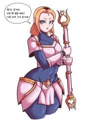 armor bbumbbum blonde_hair blue_eyes bodysuit clothed korean_text league_of_legends luxanna_crownguard riot_games translation_request wide_hips