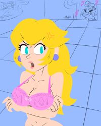 angry angry_face arms_under_breasts big_breasts blonde_hair blue_earrings blue_eyes bowtie crossed_arms erection erection_under_clothes female female_focus joe_rodher lace_bra male_in_background mario mario_(series) nintendo no_outlines pink_bowtie pink_bra princess_peach super_mario_bros. toad_(mario) white_skin