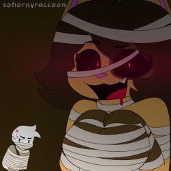 angry anon atsuki_(sohornyraccoon) black_eyes brown_hair close-up hands_on_breasts hungry looking_at_viewer mummy mummy_costume mummy_wrappings orange_fur pink_pupils raccoon showing_breasts sohornyraccoon tagme wrapped