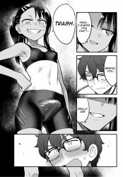 1boy 1futa 774_(nanashi) blush breasts bulge clothed clothing comic dialogue edit erect_nipples erection erection_under_clothes fully_clothed futa_focus futanari hayase_nagatoro human monochrome naoto_hachioji_(senpai) nervous penis please_don't_bully_me,_nagatoro smile standing sweat text tight_clothing viewed_from_below workout_clothes