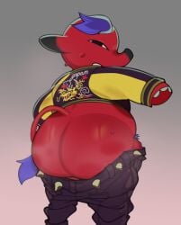 animal_crossing anthro ass big_ass big_butt bodily_fluids bottomwear bottomwear_down clothed clothing cyd_(animal_crossing) elephant elephantid furry hair hi_res looking_at_viewer looking_back male male_only mammal musk nintendo overweight pants pants_down partially_clothed proboscidean purple_hair red_body sagging_pants solo submarine_screw sweat sweaty_butt tail video_games