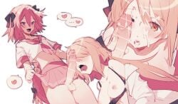 1boy 1girls astolfo_(fate) blush bottomwear breasts censor_bar censored clothing cum cum_in_mouth cum_inside cum_on_face cum_on_hair erection fate_(series) female femboy femboy_on_female koyashaka male nipples open_mouth original_character penis skirt straight testicles tongue tongue_out topwear