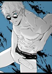 1boy :p abs absurdres bangs blue_eyes collarbone commentary cum ejaculation erection foreskin foreskin_folds hair_between_eyes highres human intact jujutsu_kaisen kwaemul looking_at_viewer looking_over_eyewear looking_over_glasses looking_over_sunglasses male male_masturbation male_nipples male_only male_underwear masturbation muscular_male navel pecs pectorals penis penis_grab penis_out retracted_foreskin satoru_gojo short_hair smooth_skinned_male solo spot_color sunglasses tinted_eyewear tongue tongue_out uncut underwear underwear_aside veins veiny_penis