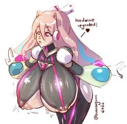 1girls android armor bananagaari bimbo bodysuit eratoeir female huge_breasts mega_man mega_man_x_dive nipples partially_visible_nipples pink_hair robot_girl skin_tight tagme two_tone_hair underboob