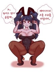 bbumbbum black_hair bunny_ears bunnysuit fishnets heels korean_text league_of_legends mole mole_on_breast nipple_slip pointy_ears poppy purple_skin red_eyes riot_games runny_makeup squatting tears twintails yordle