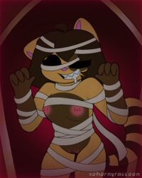 anthro atsuki_(sohornyraccoon) black_eyes breasts brown_hair coffin egyptian furry hungry mummy mummy_costume mummy_wrappings nipples orange_fur pussy raccoon simple_background smiling sohornyraccoon tagme