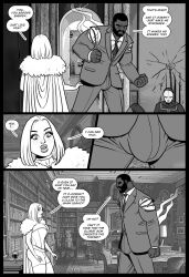 belly_button black_and_white blonde_hair breasts breasts_out bubble_ass bubble_butt bulge cameltoe cape choking_on_cock cock_slap cock_worship comic_page corset cum cum_in_mouth cumshot curvy curvy_female dark-skinned_male dat_ass deepthroat emma_frost exaggerated_anatomy face_fucking female female_penetrated hellfire_club high_heels hourglass_figure huge_balls huge_breasts huge_butt huge_cock lingerie male maledom marvel marvel_comics mascara mascara_tears on_knees original_character panties pegasus_(artist) scatwoman shaka_shaw speech_bubble submissive_female the_black_king thong thong_panties tongue_out white_queen wine_glass x-men