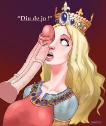 blonde_hair blue_eyes civilization civilization_vi crown dagamint disembodied_penis eleanor_of_aquitaine eleanor_of_aquitaine_(civilization_vi) france french large_penis light-skinned_female light-skinned_male light_skin national_personification partial_male penis_on_face public_domain queen royalty smooth_skin surprised veiny_penis