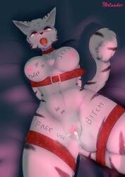 absurd_res ball_gag bed belt black_stripes blush bodily_fluids body_writing bound breasts choker clitoris cum cum_inside fur furniture gag genital_fluids genitals hi_res jewelry necklace pussy red_belt spread_legs spreading stripes tongue tongue_out tundra_(character) white_body white_fur