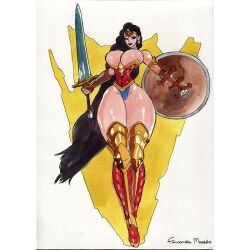 1female 1girls amazon arapaimagigas big_breasts black_hair blue_eyes breasts cleavage_cutout cleavage_overflow dc dc_comics diana_prince female female_only large_breasts shield solo solo_female superheroine sword tamoerae thick thick_thighs thighs voluptuous voluptuous_female wide_hips wonder_woman wonder_woman_(series)