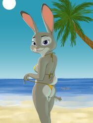 2022 anthro ass beach bikini bikini_bottom bikini_pull bikini_top blue_sky breasts detailed_background disney ears_up female fur grey_body grey_fur judy_hopps lagomorph leporid looking_at_viewer looking_back looking_back_at_viewer mammal outside palm_tree pinup plant png portrait pose purple_eyes rabbit rear_view sand sea seaside side_boob sky small_breasts smile solo standing sun swimsuit swimwear swimwear_pull tggeko three-quarter_portrait tree water yellow_bikini yellow_clothing yellow_swimwear zootopia