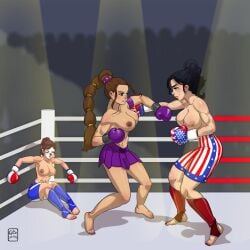 3girls american_flag_boxing_gloves american_flag_shorts artist_name athletic athletic_female big_breasts bottomless boxer boxing boxing_gloves boxing_ring boxing_skirt breasts busty female female_only fighter fit fit_female french_flag_boxing_gloves freyna_(oc) gabocaricaturas gloves hair himeko_(oc) hips hourglass_figure huge_breasts human humanoid krystal_(oc) large_breasts legs light-skinned_female light_skin lips multiple_girls original original_characters purple_boxing_gloves purple_gloves purple_skirt shorts thick thick_legs thick_thighs thighs top_heavy topless topless_boxing topless_female upper_body voluptuous watermark wide_hips