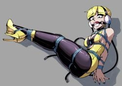 1girls ball_gag blonde_hair blue_eyes blue_nails bondage elesa_(pokemon) elesa_(pokemon_bw) gag gingrjoke gym_leader high_heels leggings looking_down nail_polish poke_ball_gag pokeball_in_mouth pokemon pokemon_bw rope saliva simple_background tied tied_hands tied_up twintails yellow_hair