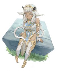 1girls absurdres animal_ears armlet ash_(fire_emblem) bare_shoulders better_version_at_source breasts cow_ears cow_girl cow_horns cow_tail dark-skinned_female dark_skin english_commentary female female_only fire_emblem fire_emblem_heroes gold_trim groin highres horns kaphrin large_breasts long_hair low_tied_sidelocks nintendo pelvic_curtain sitting solo source_smaller tail thighhighs white_hair white_thighhighs