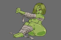 2022 arms_tied bound breasts cupcakesama digital_media_(artwork) female goo_creature goo_humanoid green_body grey_background hi_res humanoid legs_tied melon_heaven nipples not_furry nude pink_eyes simple_background sitting smile solo thick_thighs tongue tongue_out