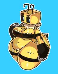 1girls absurd_res antennae anthro bee bee_(minecraft) blue_background blue_eyes breasts chubby fat fur hi_res looking_away minecraft mouthless navel neck_tuft shiny_skin sketchylimesliv solo solo_focus stinger stripes thick_thighs wide_hips yellow_body