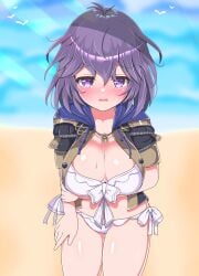 1girls alternate_costume asage_(asgsn) bare_midriff bare_thighs beach bernadetta_von_varley bikini blush breasts cleavage female female_only fire_emblem fire_emblem:_three_houses garreg_mach_monastery_uniform large_breasts looking_at_viewer medium_hair midriff nintendo ocean open_clothes open_mouth outdoors purple_eyes purple_hair smile solo sweatdrop swimsuit thighs white_bikini white_swimsuit